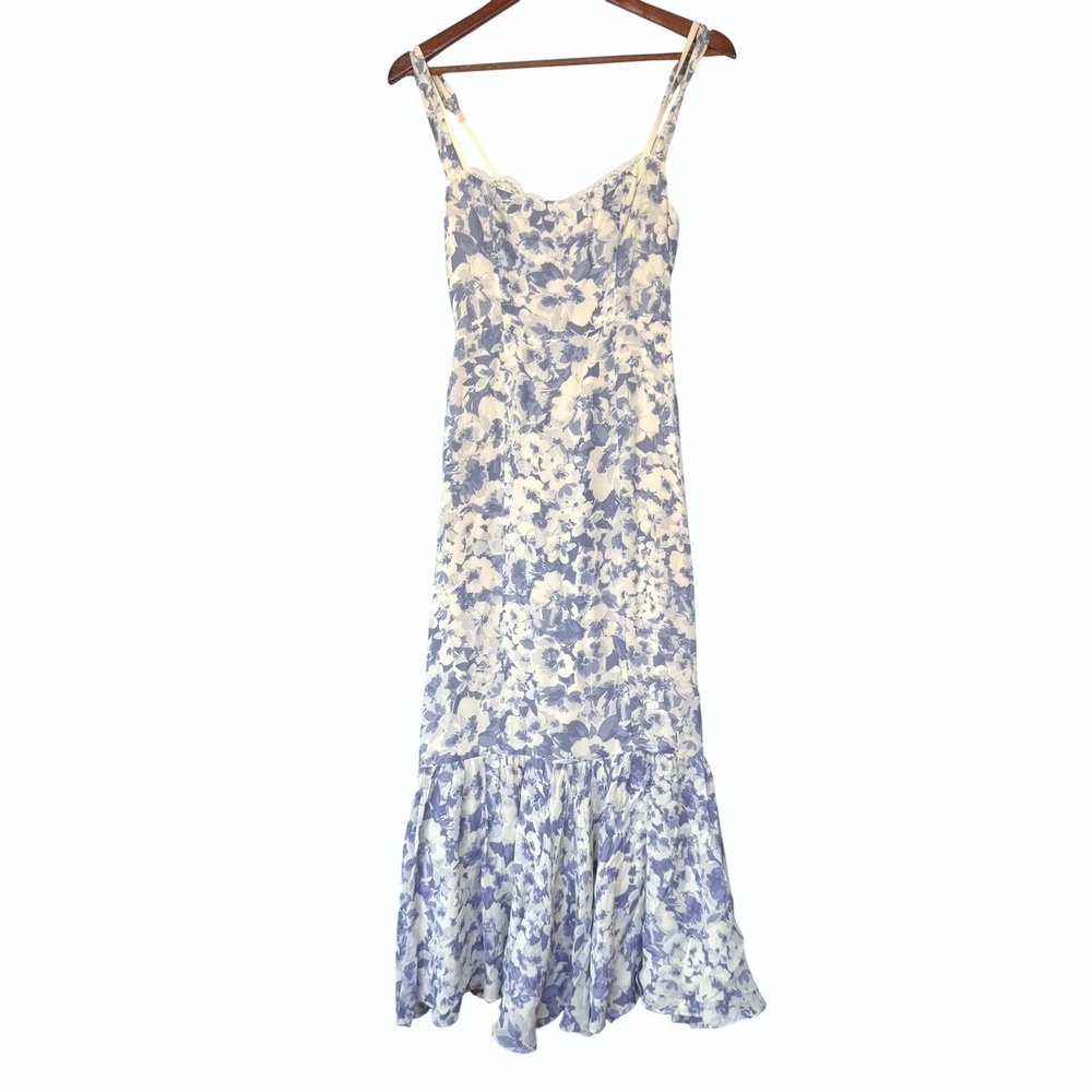 Reformation Irisa Larkspur Dress Blue Floral Ruffle Midi Dress Size 0 - Picture 4 of 10